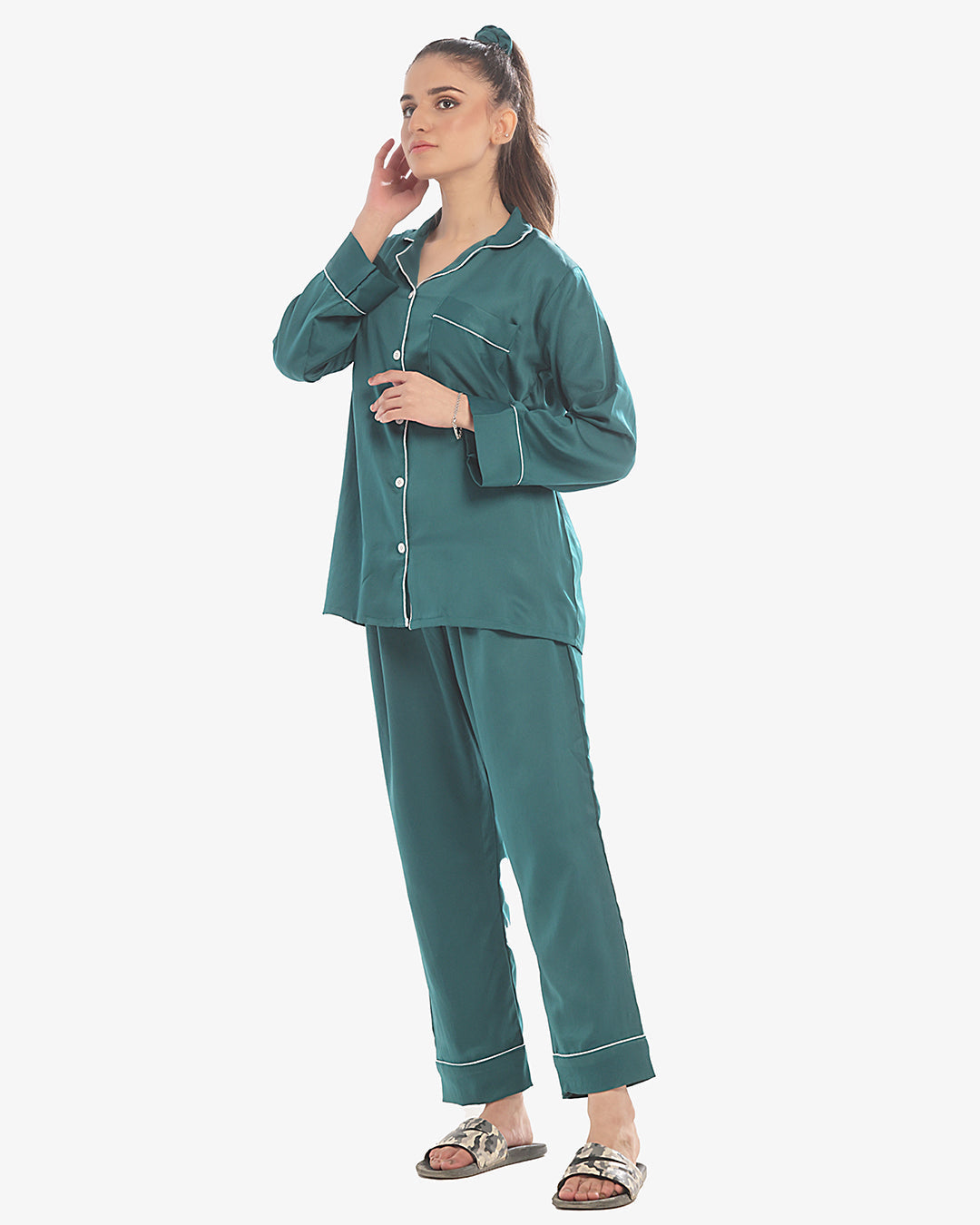 Sajiero Silk Pajama Sea Green Suit with Scrunchie - Pearl
