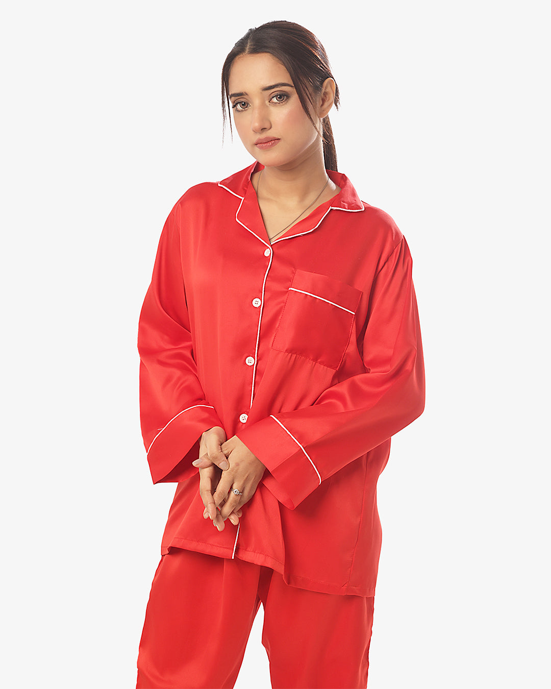 Sajiero Silk Pajama Red Suit with Scrunchie - Pearl