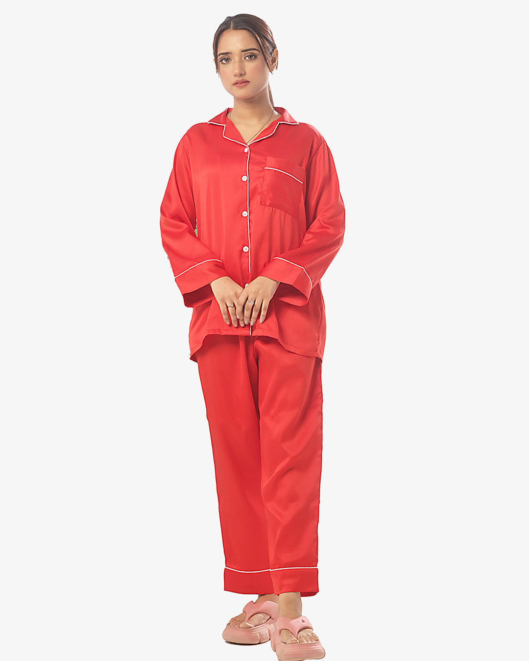 Sajiero Silk Pajama Red Suit with Scrunchie - Pearl