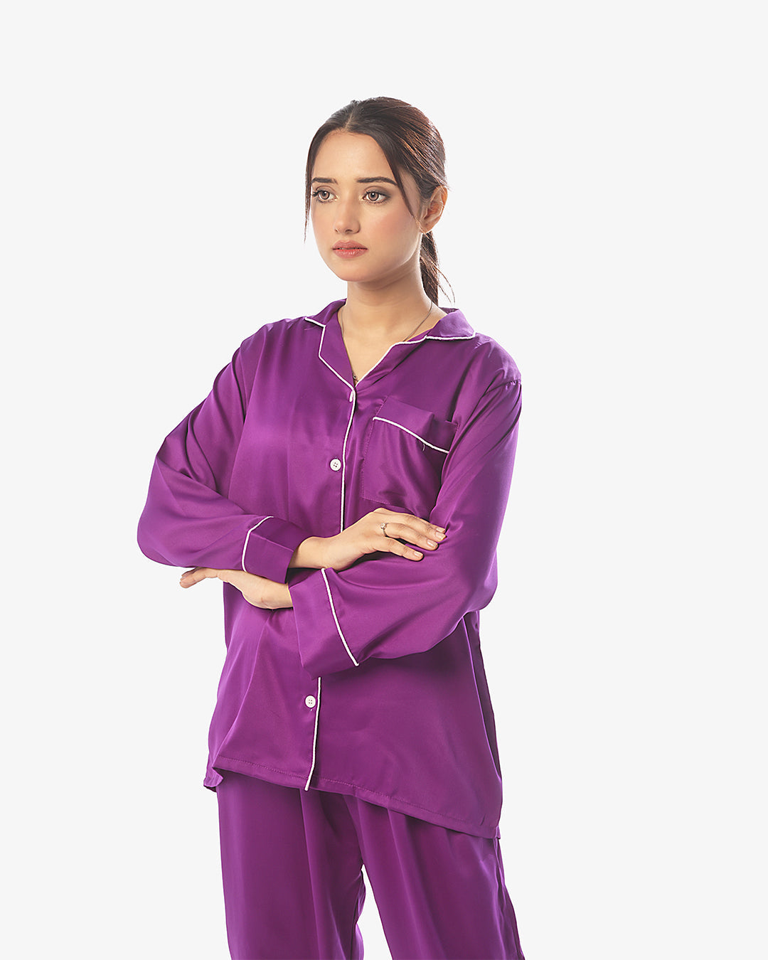 Sajiero Silk Pajama Purple Suit with Scrunchie - Pearl