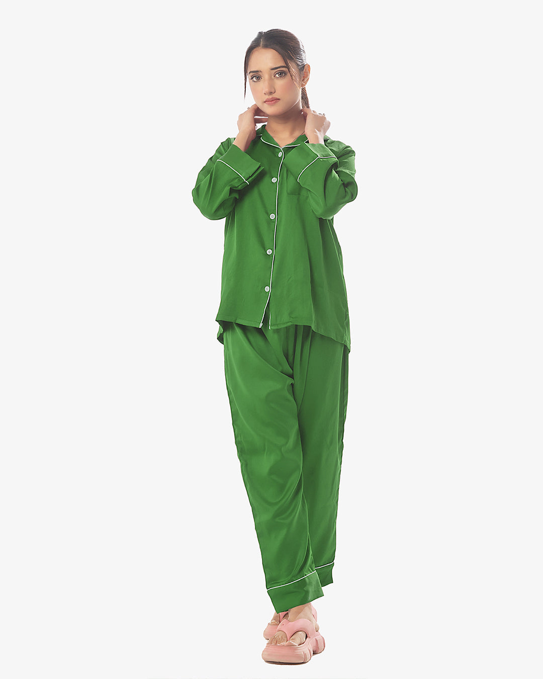 Sajiero Silk Pajama Green Suit with Scrunchie - Pearl