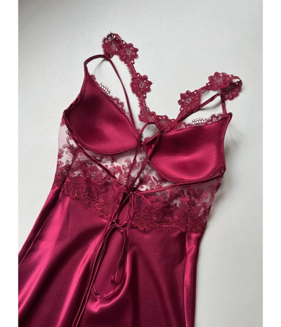 Maroon 6 PCS LONG SLIT SILK NIGHTY SET