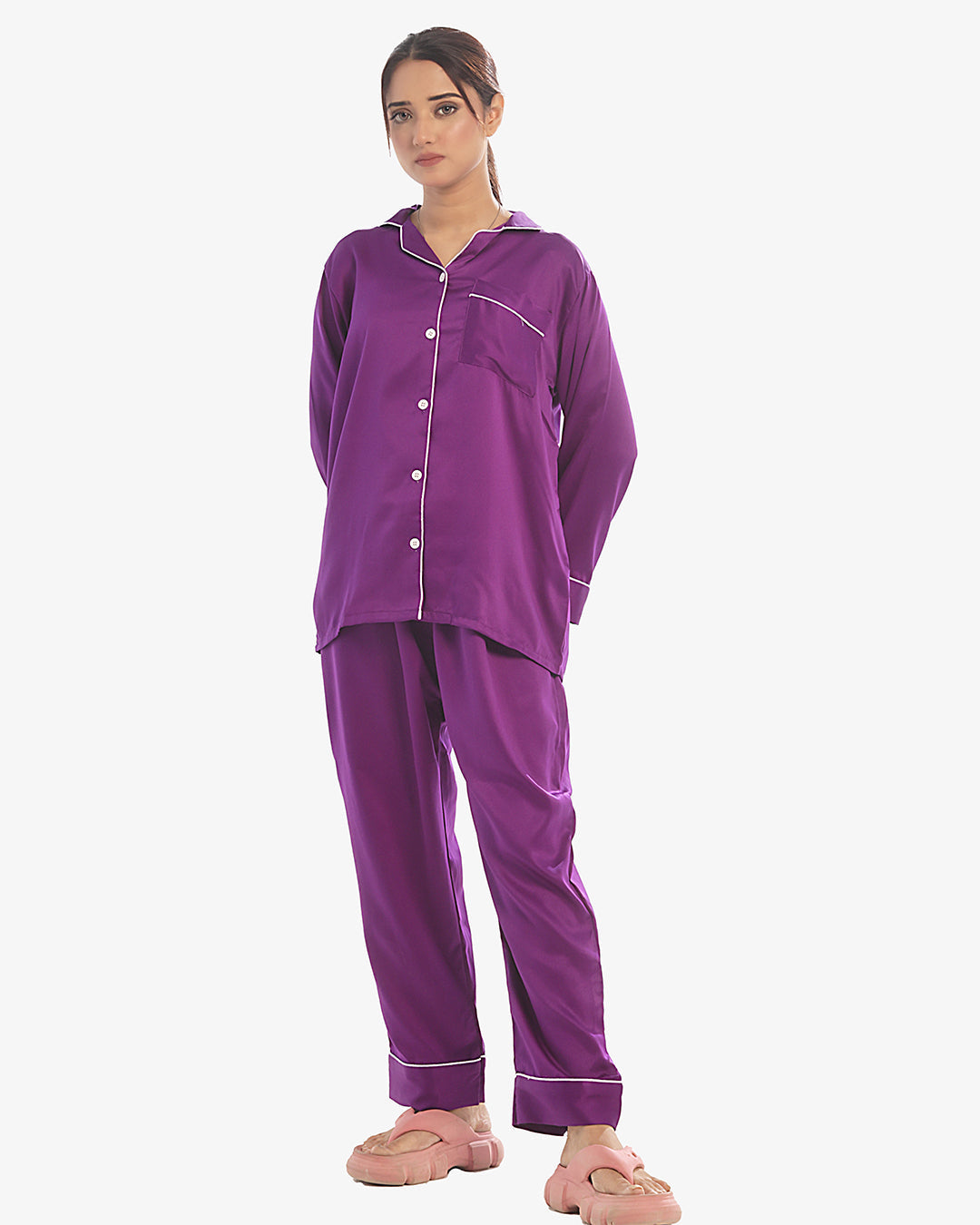 Sajiero Silk Pajama Purple Suit with Scrunchie - Pearl