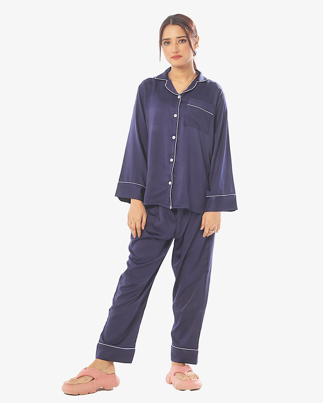 Sajiero Silk Pajama Navy Blue Suit with Scrunchie - Pearl