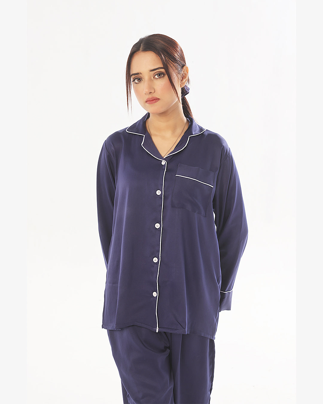 Sajiero Silk Pajama Navy Blue Suit with Scrunchie - Pearl