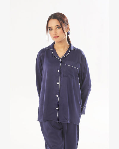 Sajiero Silk Pajama Navy Blue Suit with Scrunchie - Pearl