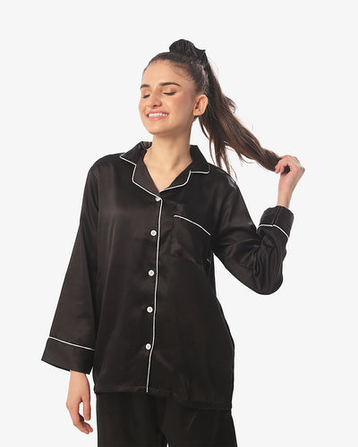 Sajiero Silk Pajama Black Suit with Scrunchie - Pearl