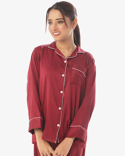 Sajiero Silk Pajama Maroon Suit with Scrunchie - Pearl