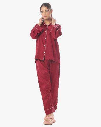 Sajiero Silk Pajama Maroon Suit with Scrunchie - Pearl